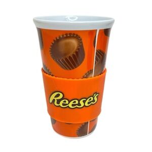Reese’s Pieces Hershey Brand 5.5” Ceramic Coffee Cup Mug w/Rubber Hand Sleeve